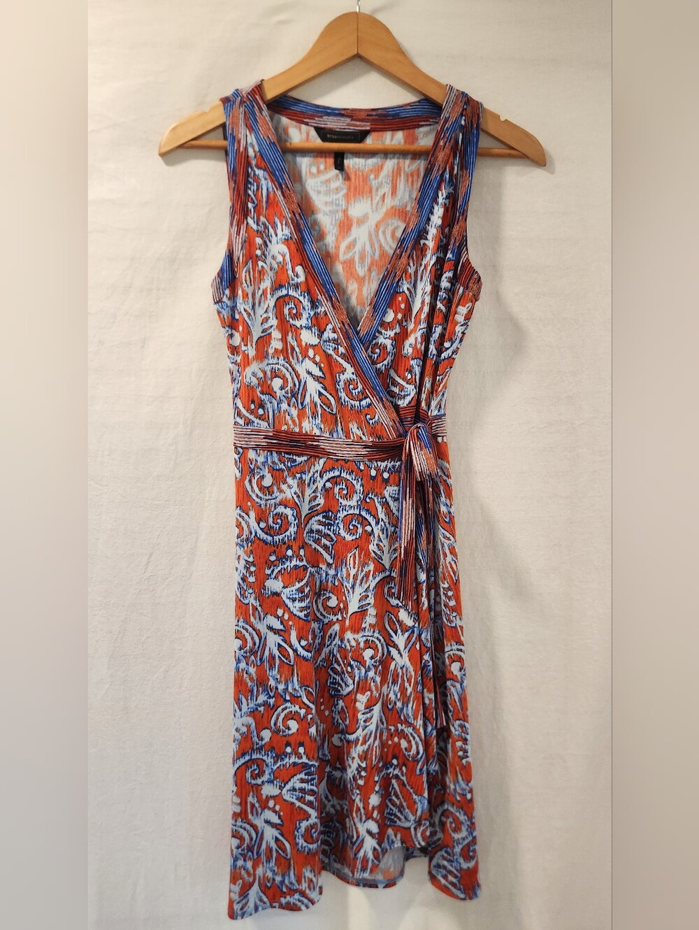 BCBG Max Azria Orange Blue Ikat Print Hallee Wrap Dress Size XS - Picture 4 of 12